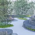 Scenic Garden Landscape With Winding Paths Green Grass Trees And Rock Accents
