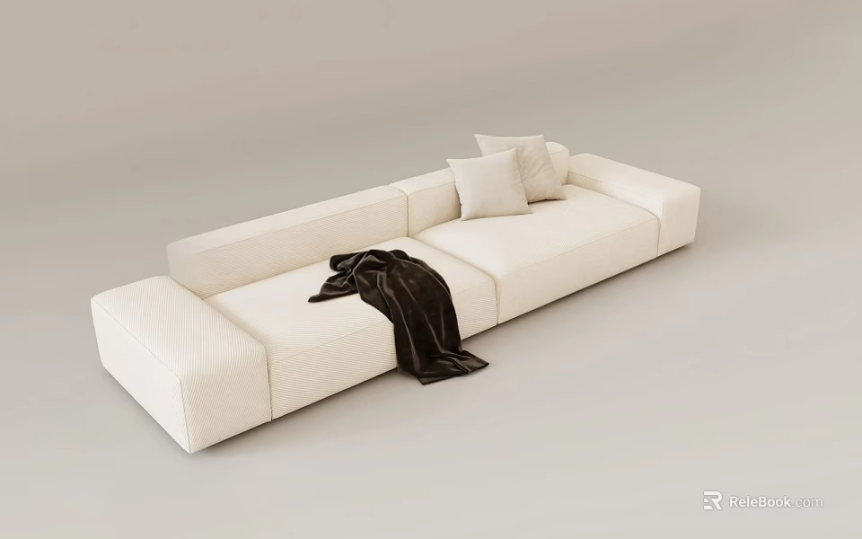 White Modular Sectional Sofa With Light Cushions And Dark Throw Blanket 3d model