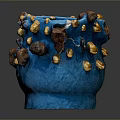 Blue Sculptural Vessel with Gold and Brown Ornate Decorative Elements Textured Surface Artistic Carving Design