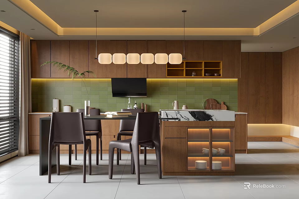 Modern Restaurant Interior With Dining Table Chairs Wooden Cabinets Green Backsplash And Pendant Lights 3d model 