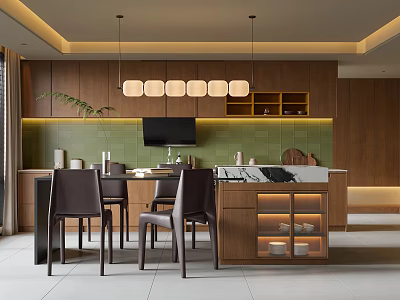 Modern Restaurant Interior With Dining Table Chairs Wooden Cabinets Green Backsplash And Pendant Lights 3d model