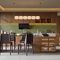 Modern Restaurant Interior With Dining Table Chairs Wooden Cabinets Green Backsplash And Pendant Lights