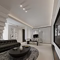 Modern Living and Dining Room Interior With Black Leather Sofa Dining Table And Decorative Paintings