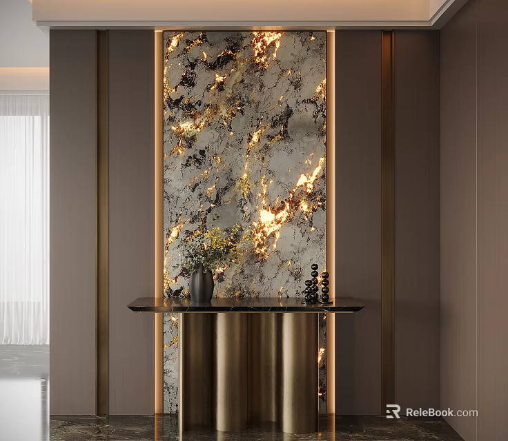 Elegant Foyer Hallway With Golden Framed Illuminated Textured Wall Black Console Table Vase And Decor 3d model 
