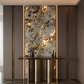 Elegant Foyer Hallway With Golden Framed Illuminated Textured Wall Black Console Table Vase And Decor