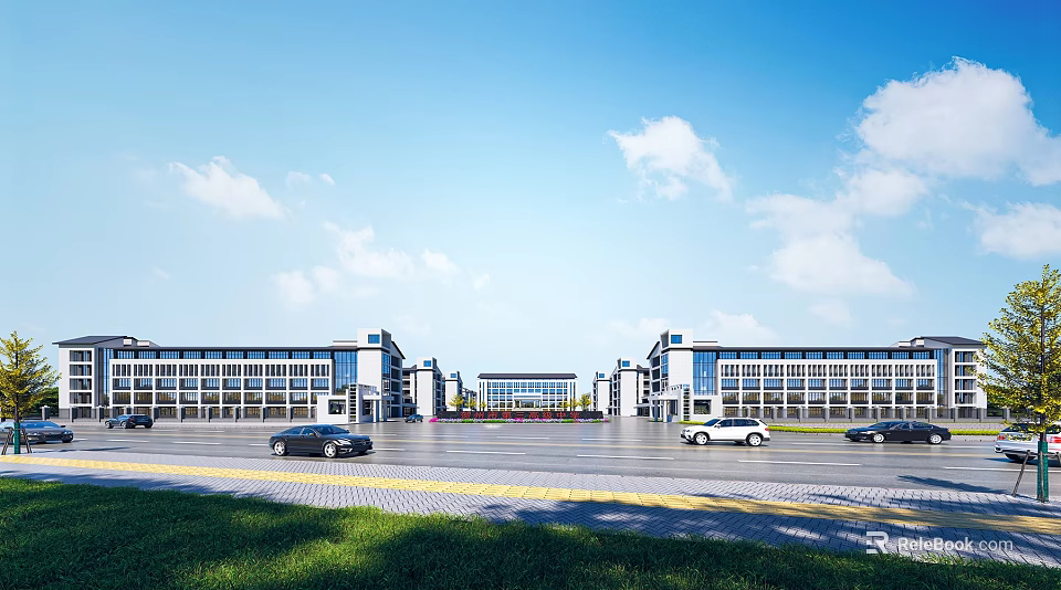 Modern Multiple School Buildings Exterior View With Spacious Square Cars And Blue Sky White Clouds 3d model 