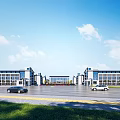 Modern Multiple School Buildings Exterior View With Spacious Square Cars And Blue Sky White Clouds