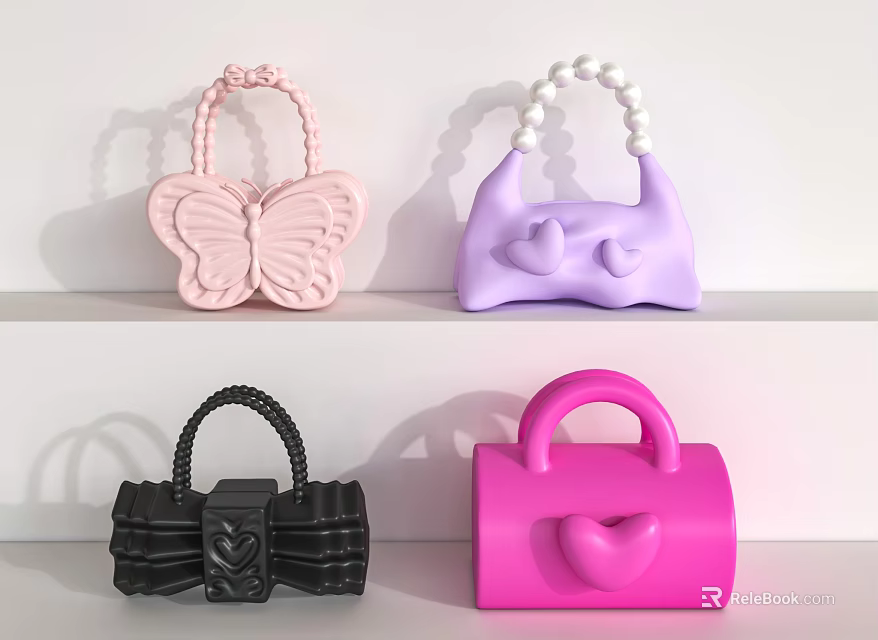 Fashion Handbags With Colorful Designs Butterfly Heart Crab Shapes And Pearl Handles 3d model 