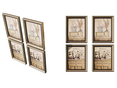 Set Of Vintage Framed Wall Art Prints With Teapot And Wheat Ears Design 3d model