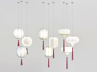 Hanging Lanterns with Decorative Red Tassels and Modern Geometric Design Shapes 3d model