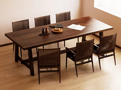 Solid Wood Dining Table And Chairs Set With Tray Mugs And Paper In Natural Light 3d model