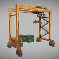 Yellow Industrial Gantry Crane With Rustic Metal Frame And Multicolored Containers Below