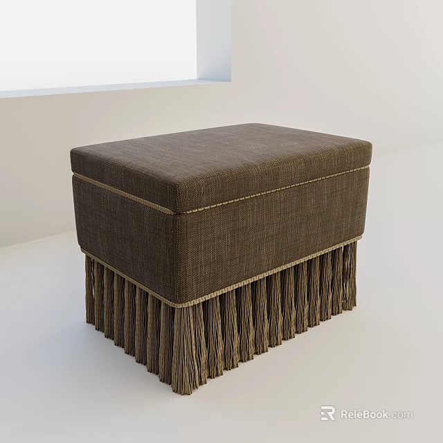 Brown Upholstered Stool With Fringe Detailing In Modern Minimalist Setting 3d model 