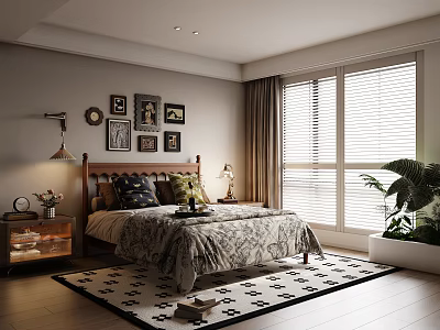 Cozy Bedroom with Wall Art Bedside Table Lamp Patterned Rug Window Blinds and Potted Plant 3d model