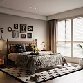 Cozy Bedroom with Wall Art Bedside Table Lamp Patterned Rug Window Blinds and Potted Plant