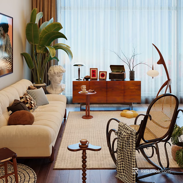 Beige Multi Seater Sofa in Cozy Living Room with Large Plant Wooden Cabinet Rattan Chair 3d model 