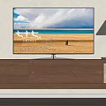Modern Wooden TV Stand With Flat Screen TV Table Lamp And Books On Shelf