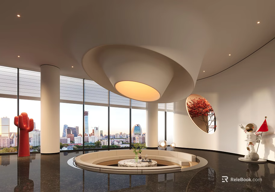 Hotel Public Lounge With Large Windows City Views Circular Seating Red Sculptures And Sculptural Chandelier 3d model 
