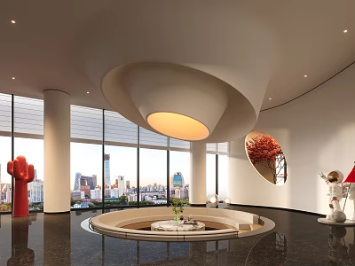 Hotel Public Lounge With Large Windows City Views Circular Seating Red Sculptures And Sculptural Chandelier 3d model