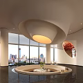 Hotel Public Lounge With Large Windows City Views Circular Seating Red Sculptures And Sculptural Chandelier