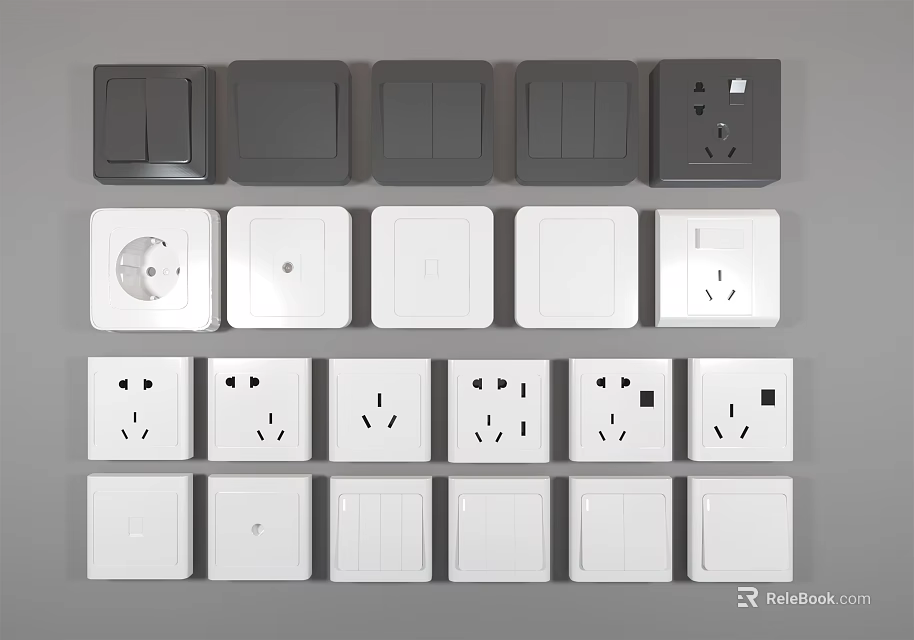 Modern Gray And White Switch Panels With Various Switches And Sockets 3d model 