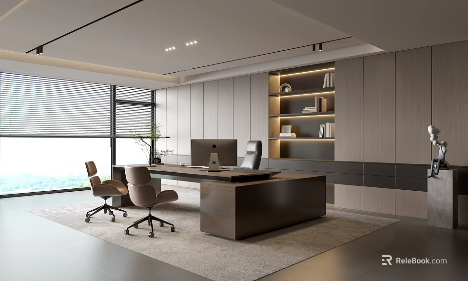 Modern Office Interior Design with Large Window Blinds Desk Chairs Lit Bookshelf and Rug 3d model 