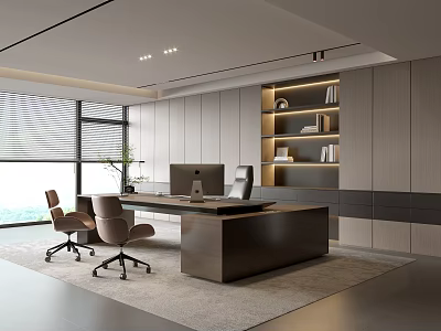 Modern Office Interior Design with Large Window Blinds Desk Chairs Lit Bookshelf and Rug 3d model