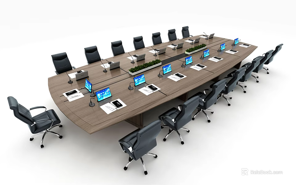 Modern Conference Table Setup With Black Office Chairs Laptops And Green Plants 3d model 