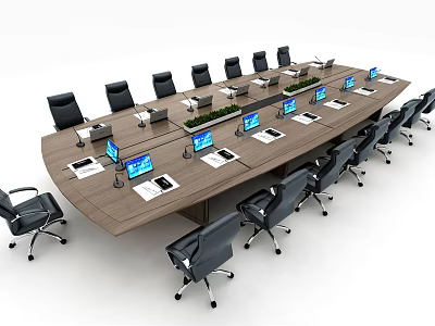 Modern Conference Table Setup With Black Office Chairs Laptops And Green Plants 3d model