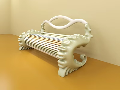 Light Green Public Chair With Wavy White Armrest Striped Seat And Decorative Curved Legs 3d model