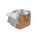 Woven Brown Storage Basket for Home Organizing with Handle and Rolled Gray Towels