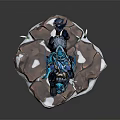 Game and Movie Character Warrior In Blue Armor Riding Frost Wolf On Snowy Rock Base