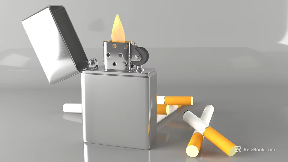 Shiny Silver Lighter With Open Lid And Burning Flame Near Cigarettes 3d model 