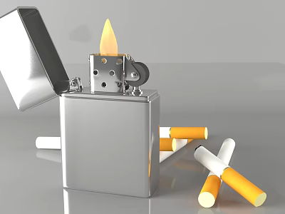 Shiny Silver Lighter With Open Lid And Burning Flame Near Cigarettes 3d model