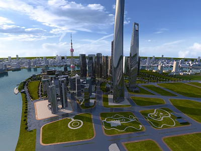Aerial View Urban Planning With High Rise Buildings River And Green Spaces 3d model