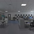 Public Office Space With White Ceiling Recessed Lighting Computer Workstations Green Plants And Blue Flooring 3d model