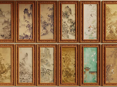 Traditional Chinese Framed Landscape Paintings With Mountain River Scenes Arranged In Panels 3d model