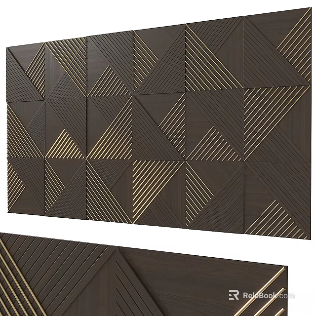 Modern Geometric Wall Decor With Gold Lines And Dark Brown Panel Design 3d model