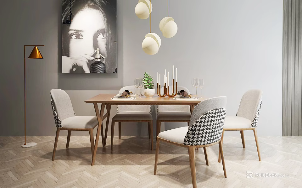 Modern Dining Table Set With Checkered Chairs Pendant Lights And Herringbone Floor 3d model