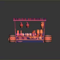 Traditional Red Food Stall With Clay Pots And Wooden Barrels Display Setup
