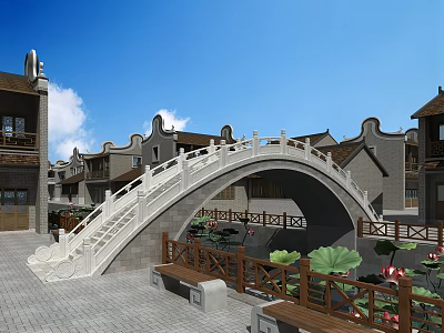 White Arch Bridge Amid Traditional Chinese Architecture With Lotus Pond and Wooden Railings 3d model