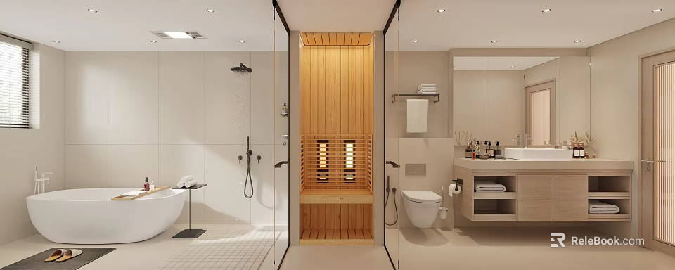 Modern Bathroom Interior With Wooden Sauna Bathtub Shower Toilet Vanity And Mirror 3d model 