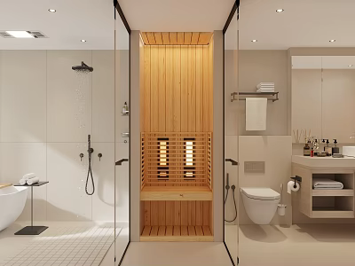 Modern Bathroom Interior With Wooden Sauna Bathtub Shower Toilet Vanity And Mirror 3d model