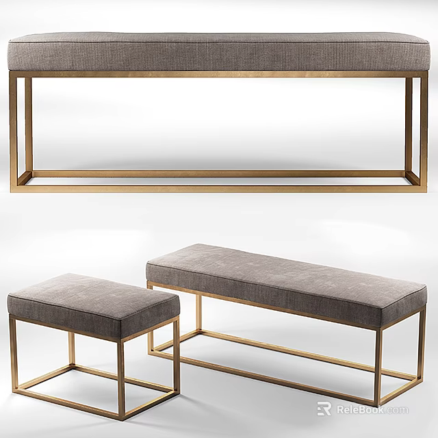 Modern Home Decor Sofa Bench With Gold Metal Frame And Gray Fabric Cushion Design 3d model 