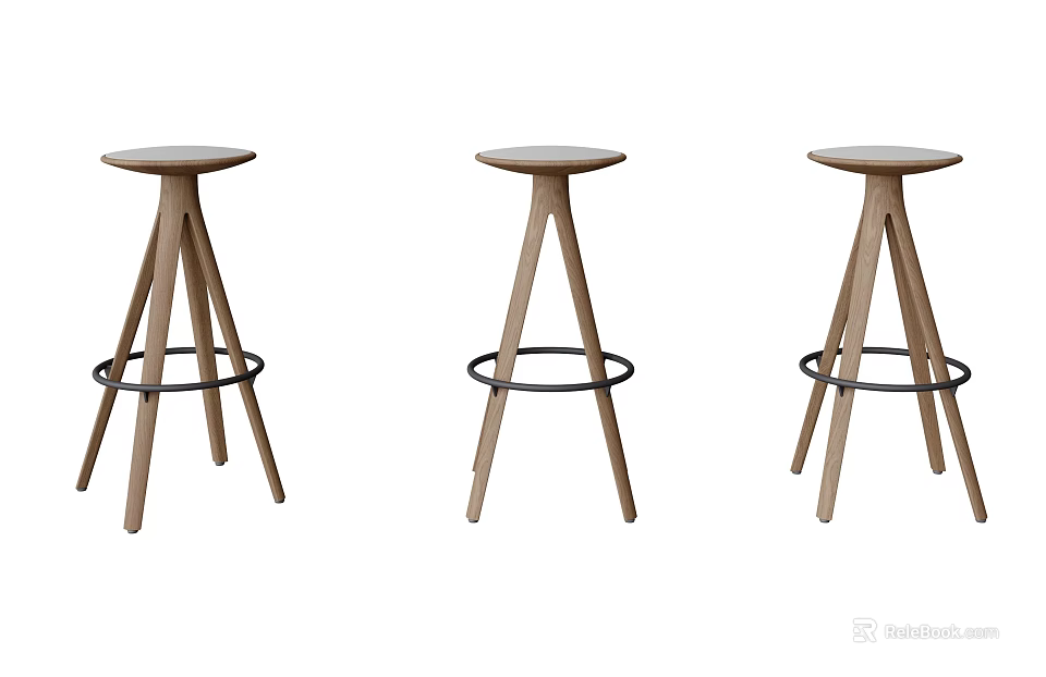Stylish Wooden Bar Stools Set of Three With Round Seat Three Legs And Black Ring 3d model 