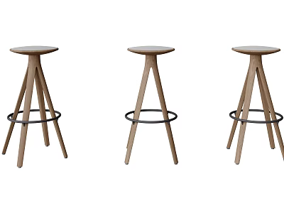 Stylish Wooden Bar Stools Set of Three With Round Seat Three Legs And Black Ring 3d model