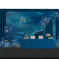 Blue Themed Wedding Stage Setup With Flower Decorations Arched Structures And GW Initials 3d model