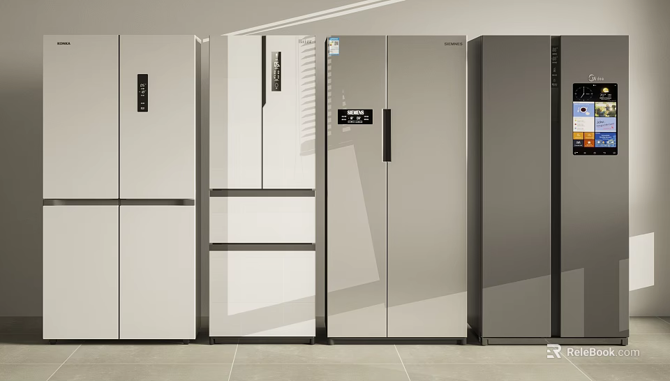 Various Styles Modern Refrigerators In White Silver Gray With Smooth Surface And Control Panels 3d model 