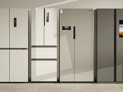Various Styles Modern Refrigerators In White Silver Gray With Smooth Surface And Control Panels 3d model