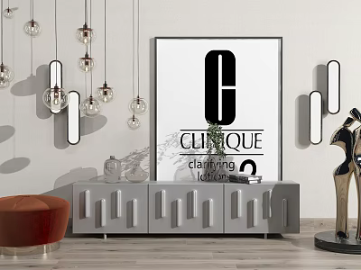Modern Silver TV Stand With Drawers Decorative Painting Pendant Lights And Sculpture 3d model
